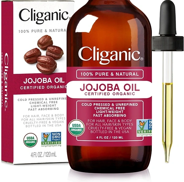 Cliganic Organic Jojoba Oil, 100% Pure, 4oz - Face, Hair, Skin & Nails Moisturizer