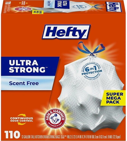 Hefty Ultra Strong Tall Kitchen Trash Bags, Unscented, 13 Gallon, 110 Count