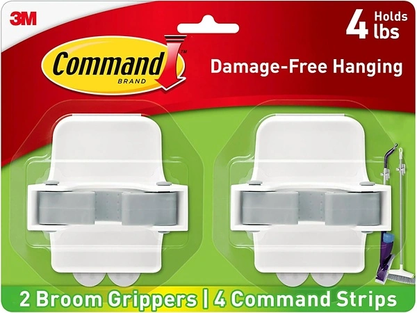 Command Broom and Mop Grippers, 2 Hangers, 4 Strips, Holds up to 4 lb
