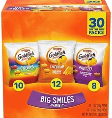 Goldfish Crackers Big Smiles Variety Pack, Cheddar, Colors, and Pretzels, 30 Ct