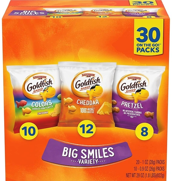 Goldfish Crackers Big Smiles Variety Pack, Cheddar, Colors, and Pretzels, 30 Ct