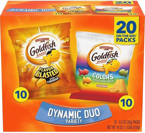 Goldfish Dynamic Duo Variety Pack, Cheddar & Flavor Blasted Xtra Cheddar, 20 Ct