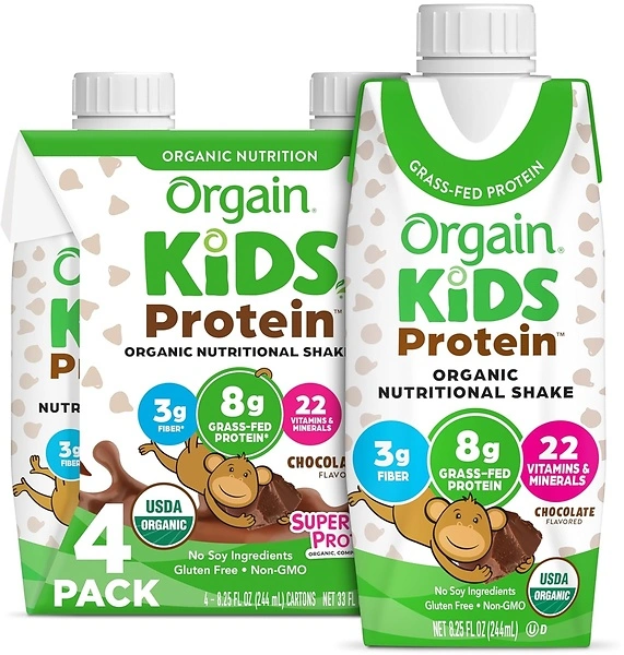 Orgain Organic Kids Shake, Chocolate, 8g Protein, 22 Vitamins & Minerals, 4 Pack