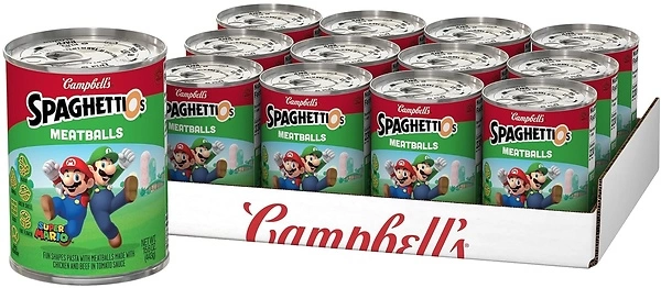 SpaghettiOs Super Mario Bros Canned Pasta with Meatballs, 15.6 oz Can (Pack of 12)