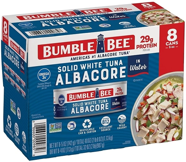 Bumble Bee Solid White Albacore Tuna in Water, 5 oz Can, Pack of 8, 29g Protein