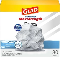 Glad ForceFlexPlus XL Kitchen Drawstring Bags, 20-Gallon, 80 Count