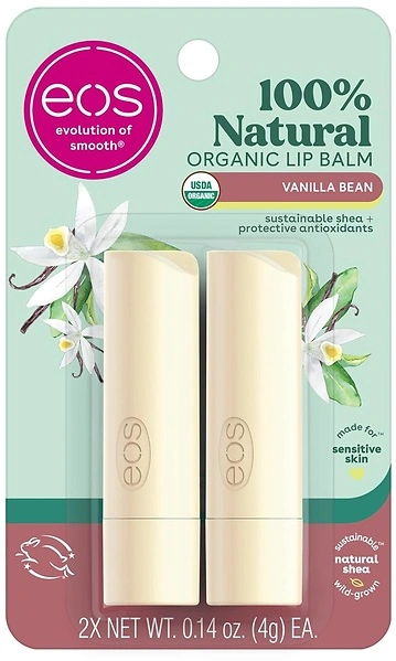 eos 100% Natural & Organic Lip Balm Sticks - Vanilla Bean, 0.14 oz, 2-Pack