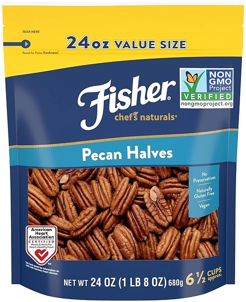 Fisher Chef's Naturals Pecan Halves, Unsalted Raw Nuts, 24oz Bag, Gluten-Free