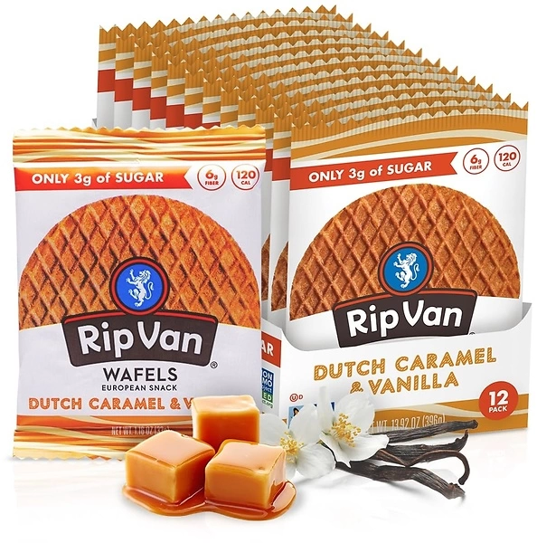 Rip Van Wafels Dutch Caramel & Vanilla Stroopwafels, Healthy Snacks, 12 Count