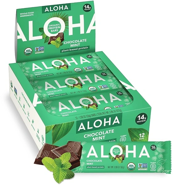 ALOHA Organic Plant Based Protein Bars, Chocolate Mint, 1.98 Oz (Pack of 12)