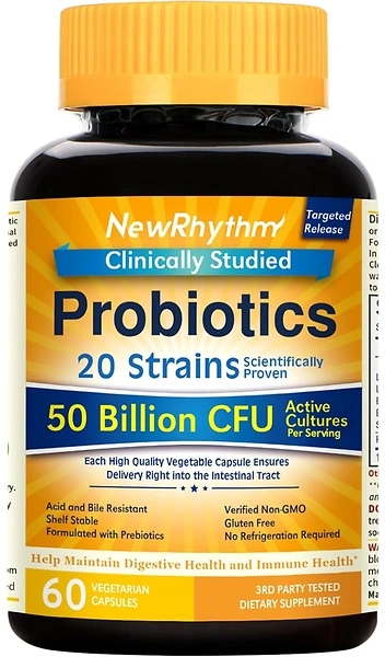 NewRhythm Probiotics 50 Billion CFU, 20 Strains, 60 Veggie Capsules