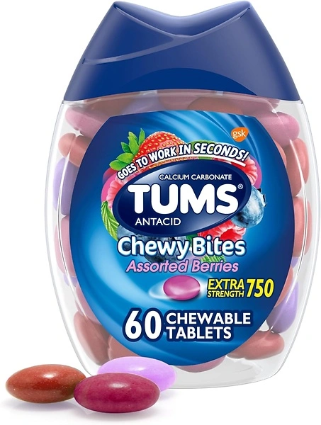 TUMS Chewy Bites Antacid Tablets, Assorted Berries, 60 Count