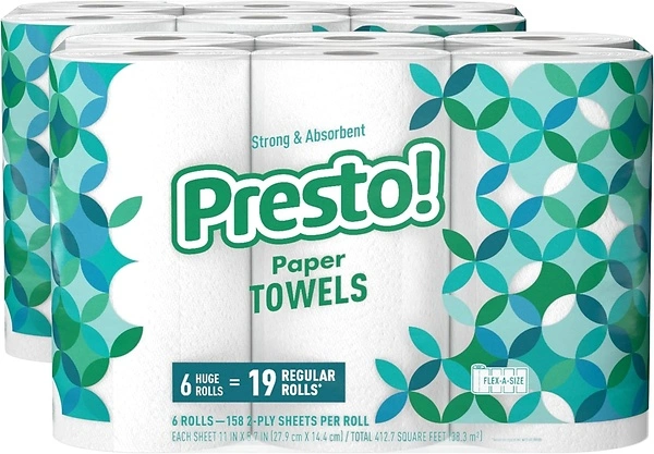 Amazon Brand - Presto! Flex-a-Size Paper Towels, 158 Sheet Huge Roll, 12 Rolls