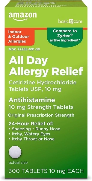 Amazon Basic Care 24 Hour Allergy Relief, Cetirizine Hydrochloride, 10 mg, 300 Count