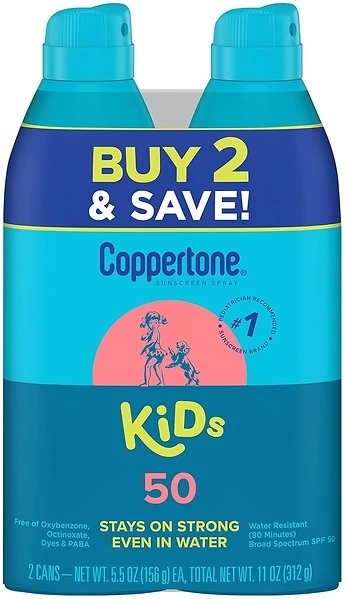 Coppertone Sunscreen Spray SPF 50, Water Resistant for Kids, 2 Pack, 5.5 Oz Each
