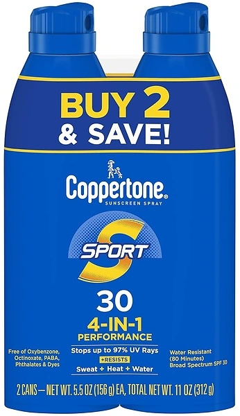 Coppertone Sport Sunscreen Spray SPF 30, Water Resistant, Pack of 2