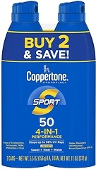 Coppertone Sport Sunscreen Spray SPF 50, Water Resistant, 5.5 Oz, 2 Pack