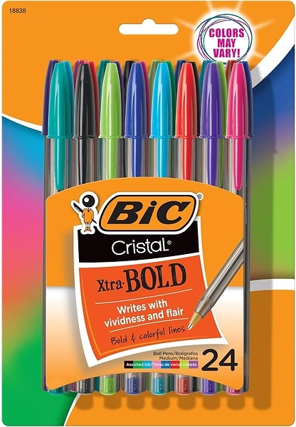 BIC Cristal Xtra Bold Ballpoint Pens, Bold Point (1.6mm), Assorted Colors, 24-Count