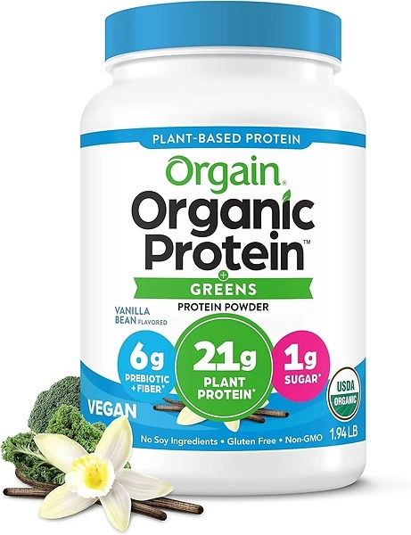 Orgain Organic Vegan Protein Powder + Greens, Vanilla Bean, 21g Protein, 1.94lb