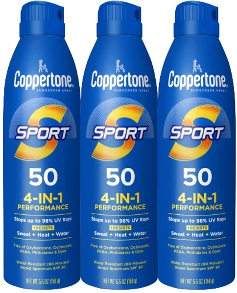 Coppertone Sport Sunscreen Spray SPF 50, Water Resistant, 5.5 Oz, Pack of 3