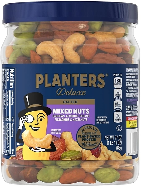PLANTERS Deluxe Mixed Nuts, Cashews, Almonds, Pecans, Pistachios, Hazelnuts, Roasted with Sea Salt, Party Snacks, Plant-Based Protein, Quick Snack for...