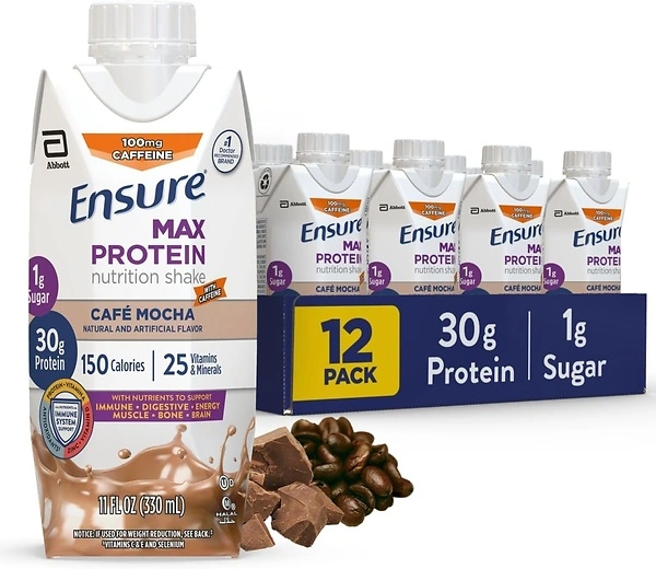 Ensure Max Protein Shake Cafe Mocha, 30g Protein, 1g Sugar, 12 Bottles