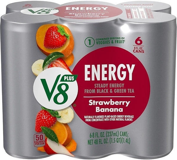 V8 +ENERGY Strawberry Banana Energy Drink, Real Juices, 8 FL OZ, 6 Cans