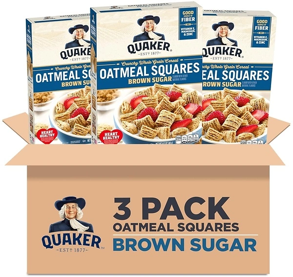 Quaker Oatmeal Squares Breakfast Cereal, Brown Sugar, 14.5oz Boxes (3 Pack)