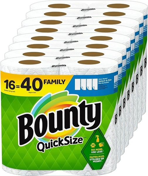 Bounty Paper Towels Quick Size, White, 16 Family Rolls 40 Regular Rolls