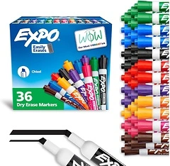 EXPO Dry Erase Markers, Low Odor Ink, Assorted Colors, Chisel Tip, 36 Count