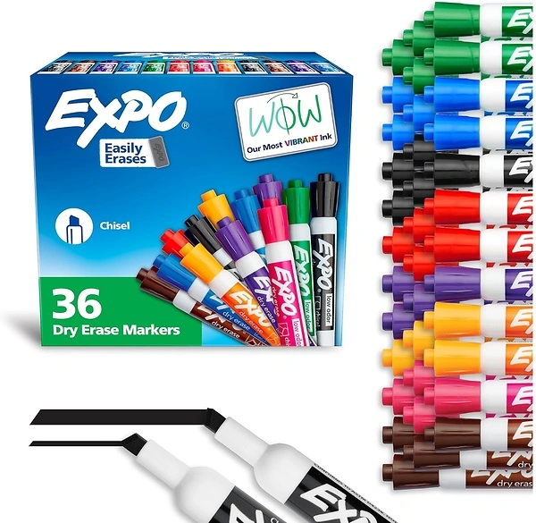 EXPO Dry Erase Markers, Low Odor Ink, Assorted Colors, Chisel Tip, 36 Count