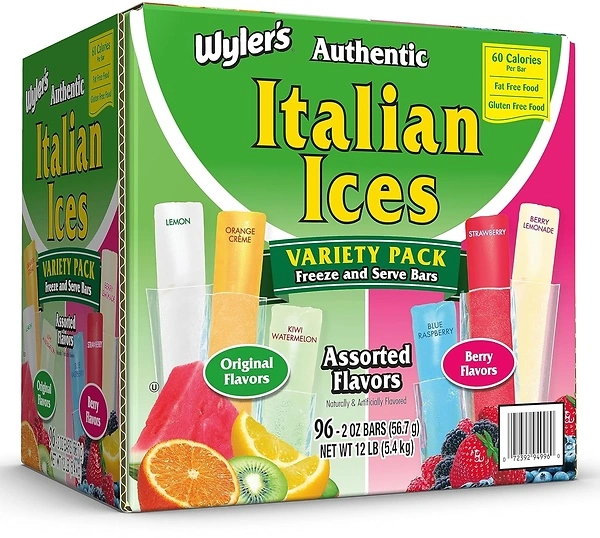 Wyler's Authentic Italian Ice, Fat Free Freezer Bars, Assorted Flavors, 96ct