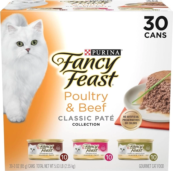 Fancy Feast Poultry and Beef Feast Classic Pate Collection, Grain Free, 30 Cans