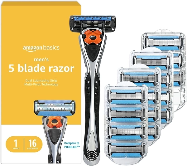 Amazon Basics 5-Blade Razor for Men, Handle & 16 Cartridges, 17 Piece Set