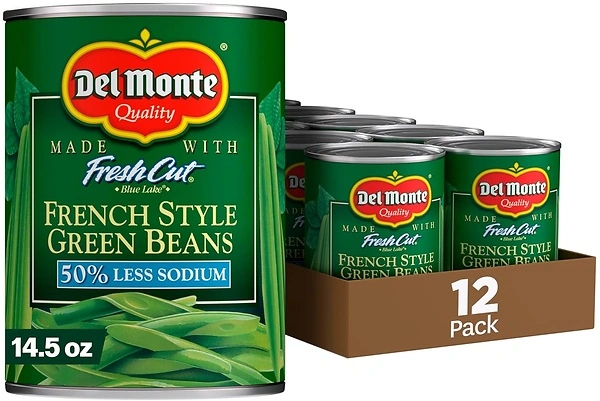 Del Monte Canned Fresh Cut French Style Green Beans, 50% Less Sodium, 14.5 oz, 12 Pack