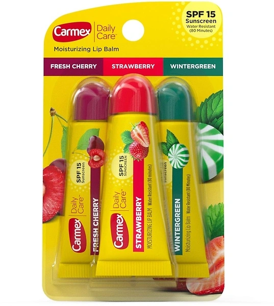 Carmex Daily Care Moisturizing Lip Balm Pack, Fresh Cherry, Strawberry, 3 Count