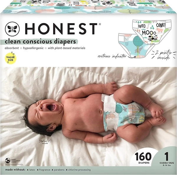 The Honest Company Clean Conscious Diapers Plant-Based, Sustainable Above It All + Barnyard Babies Super Club Box, Size 1 (8-14 lbs), 160 Count