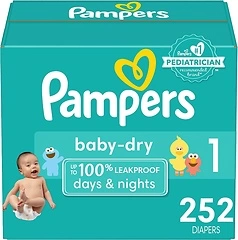 Pampers Baby Dry Diapers - Size 1, One Month Supply (252 Count), Absorbent Disposable Diapers