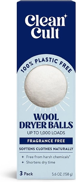 Cleancult Wool Dryer Balls, 100% New Zealand Wool, Biodegradable, 3 Count