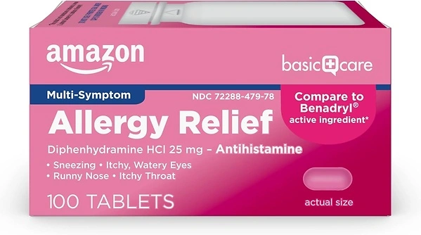 Amazon Basic Care Allergy Relief Diphenhydramine HCl 25 mg, 100 Tablets