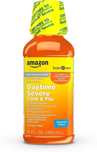 Amazon Basic Care Severe Daytime Cold and Flu, Maximum Strength Liquid, 12 fl oz