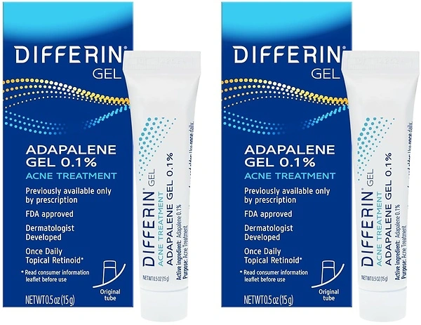 Differin Acne Treatment Gel, 0.1% Adapalene, 15g Tube, 2 Pack