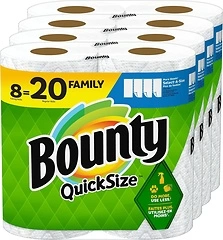 Bounty Quick Size Paper Towels, White, 8 Family Rolls 20 Regular Rolls
