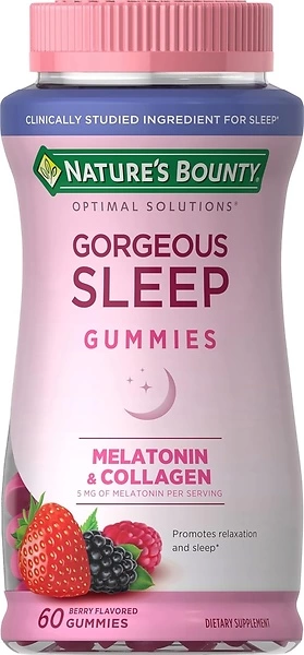 Nature's Bounty Optimal Solutions Gorgeous Sleep Melatonin 5mg Gummies with Collagen, Assorted Fruit Flavors, 60 Count