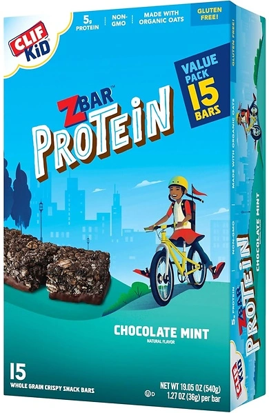 CLIF Kid Zbar Protein - Chocolate Mint, Crispy Whole Grain Snack Bars, 15 Pack