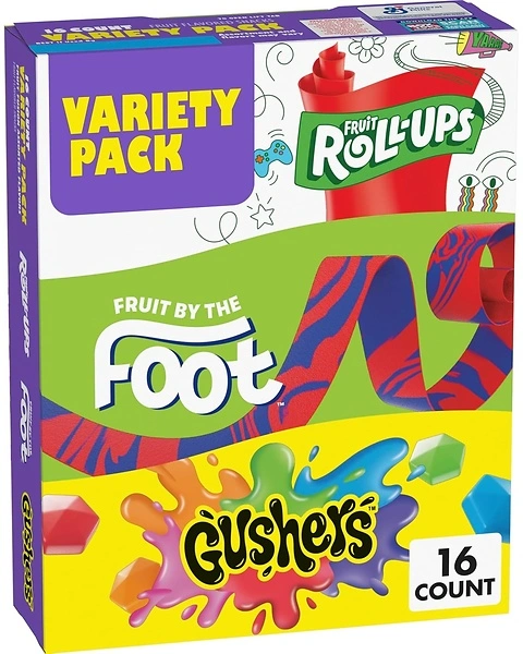 Fruit Roll-Ups, Fruit by the Foot, Gushers Variety Pack, 16 Ct, 10.2 oz