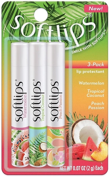 Softlips Daily Lip Moisturizer, Tropical Flavor, Hydrates, Pack of 3 Chap Sticks