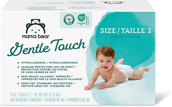Amazon Brand - Mama Bear Gentle Touch Diapers, Hypoallergenic, Size 2, 184 Count (4 packs of 46), White