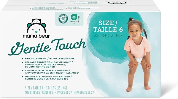 Amazon Brand - Mama Bear Gentle Touch Diapers, Hypoallergenic, Size 6, 108 Count (4 packs of 27), White