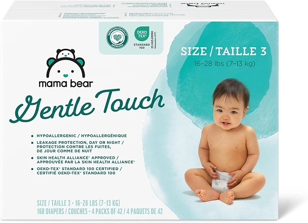 Amazon Brand - Mama Bear Gentle Touch Diapers, Hypoallergenic, Size 3, 168 Count (4 packs of 42), White